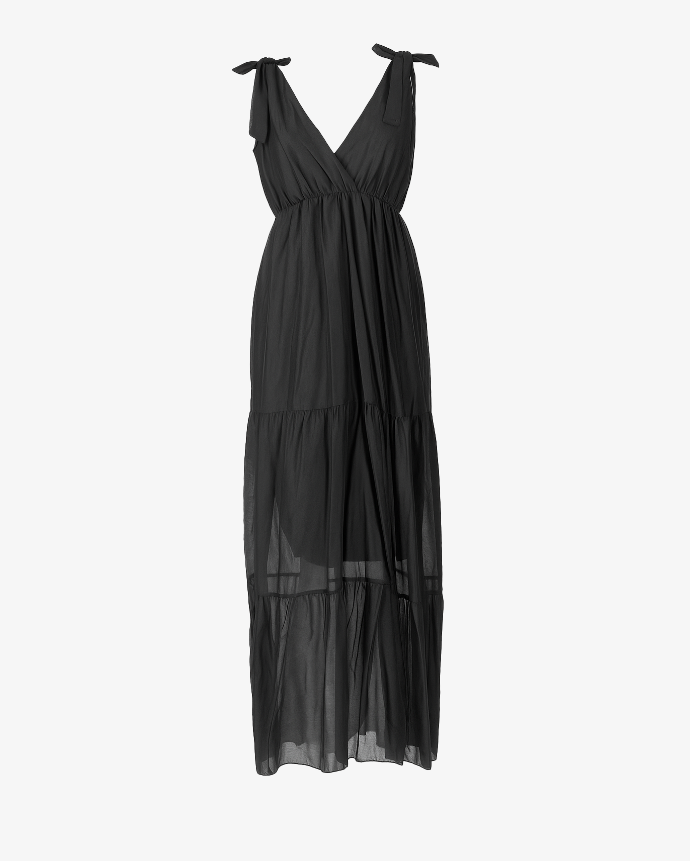 Abito lungo scollato con fiocchi sulle spalle