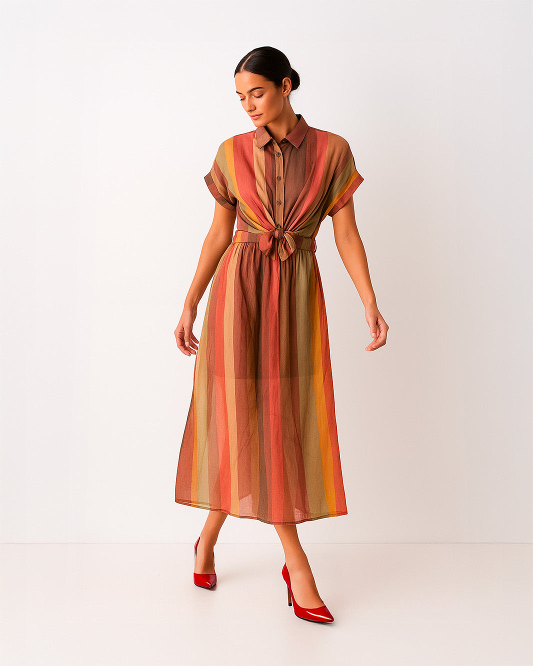 Abito lungo mezza manica con bottoni sul petto