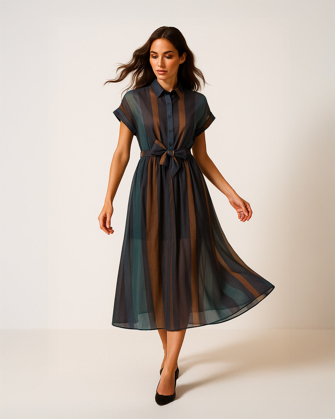 Abito lungo mezza manica con bottoni sul petto