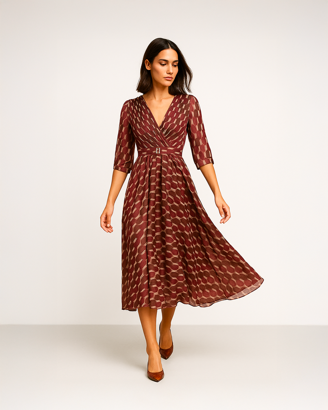 Vestito lungo scollato con cintura in vita