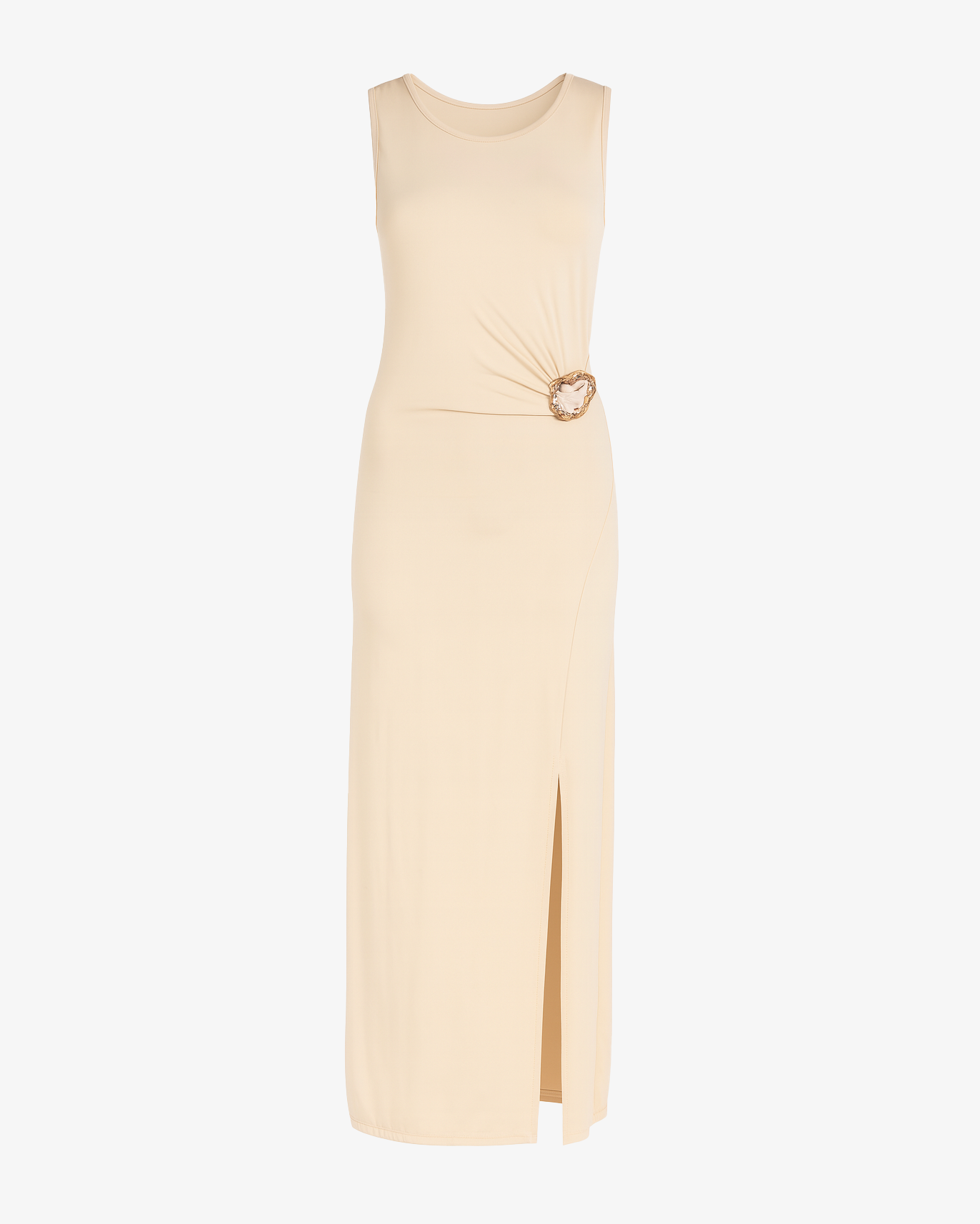 Abito lungo con spacchi e accessorio