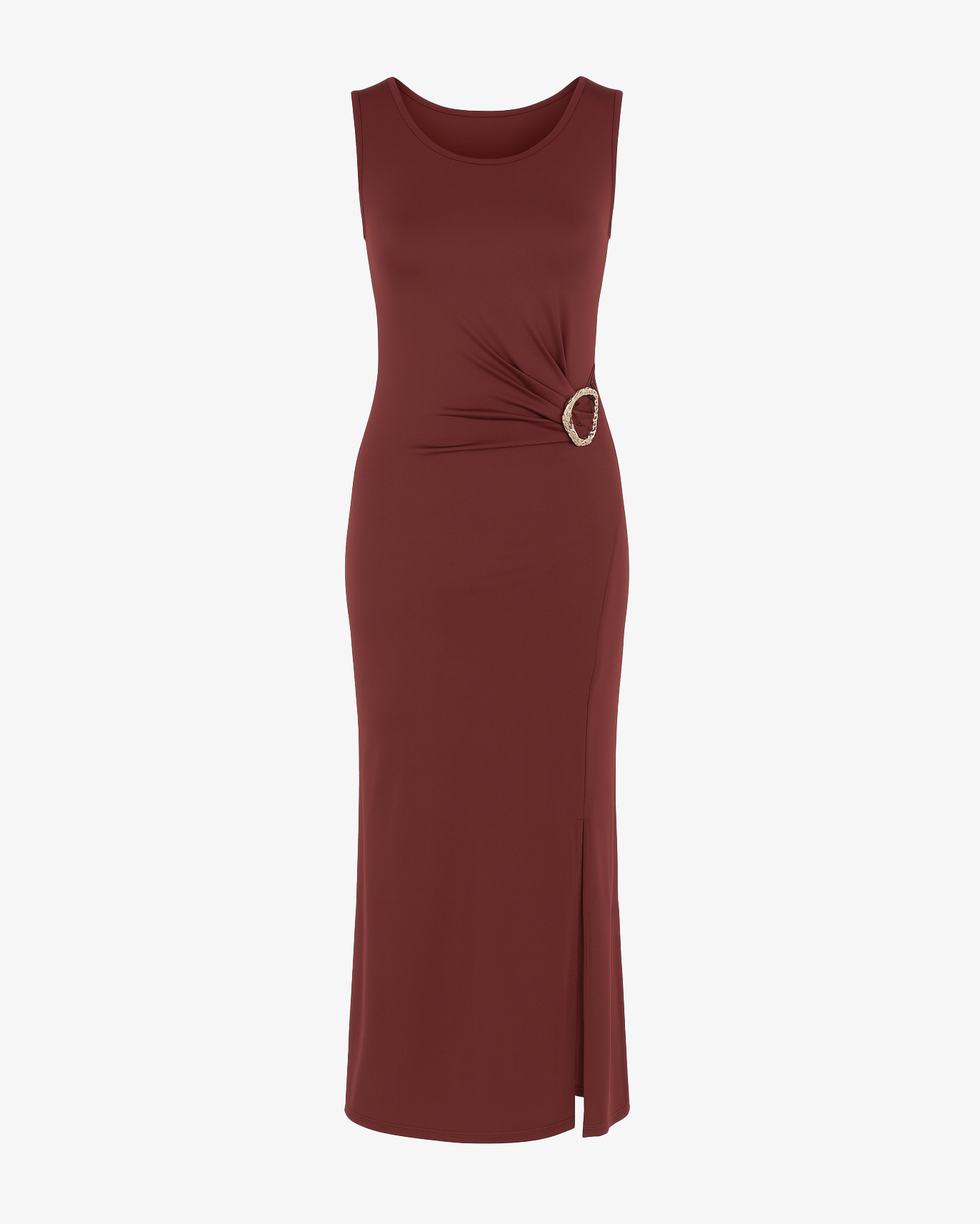 Abito lungo con spacchi e accessorio