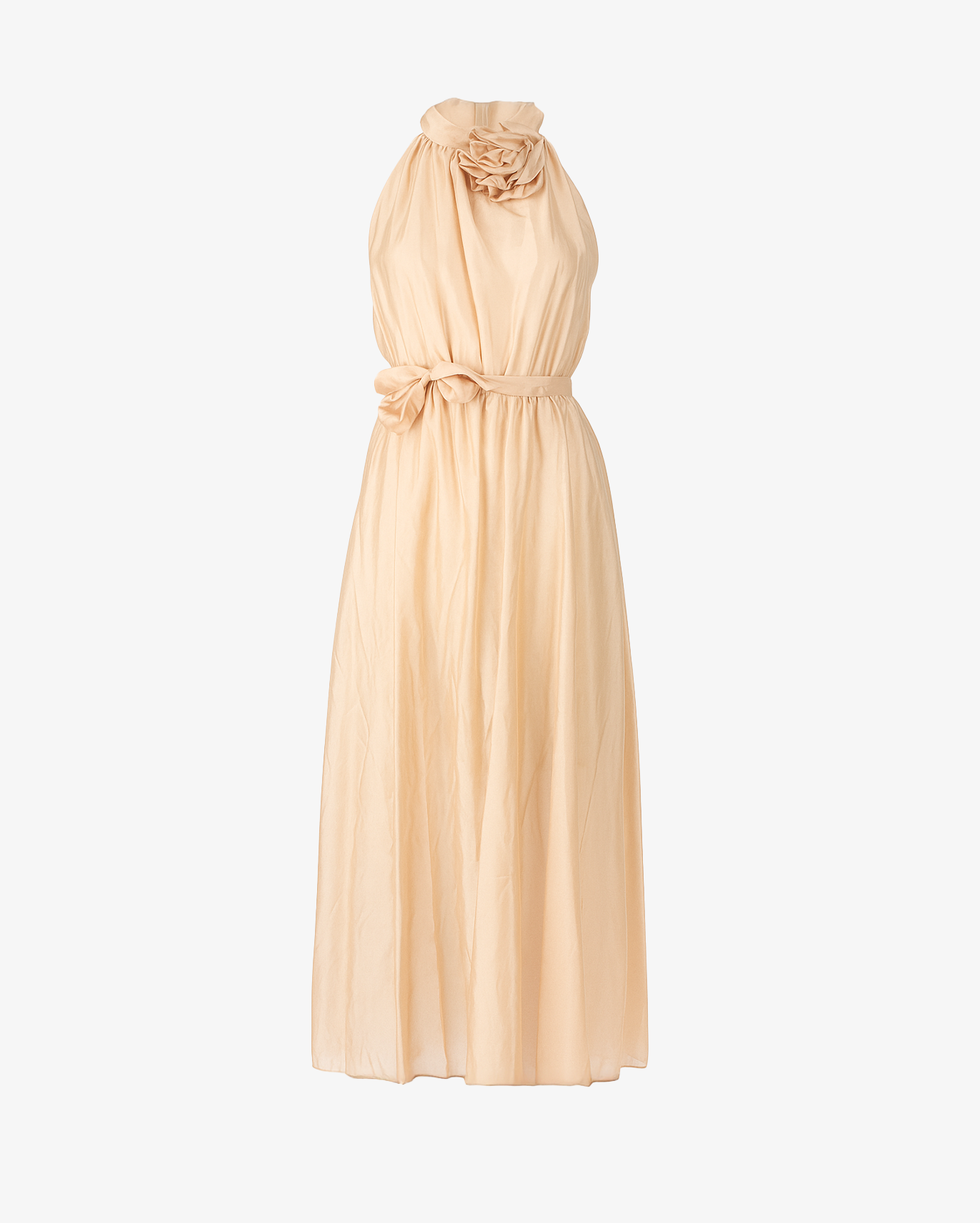 Abito lungo con fiore a spilla sul petto e cintura