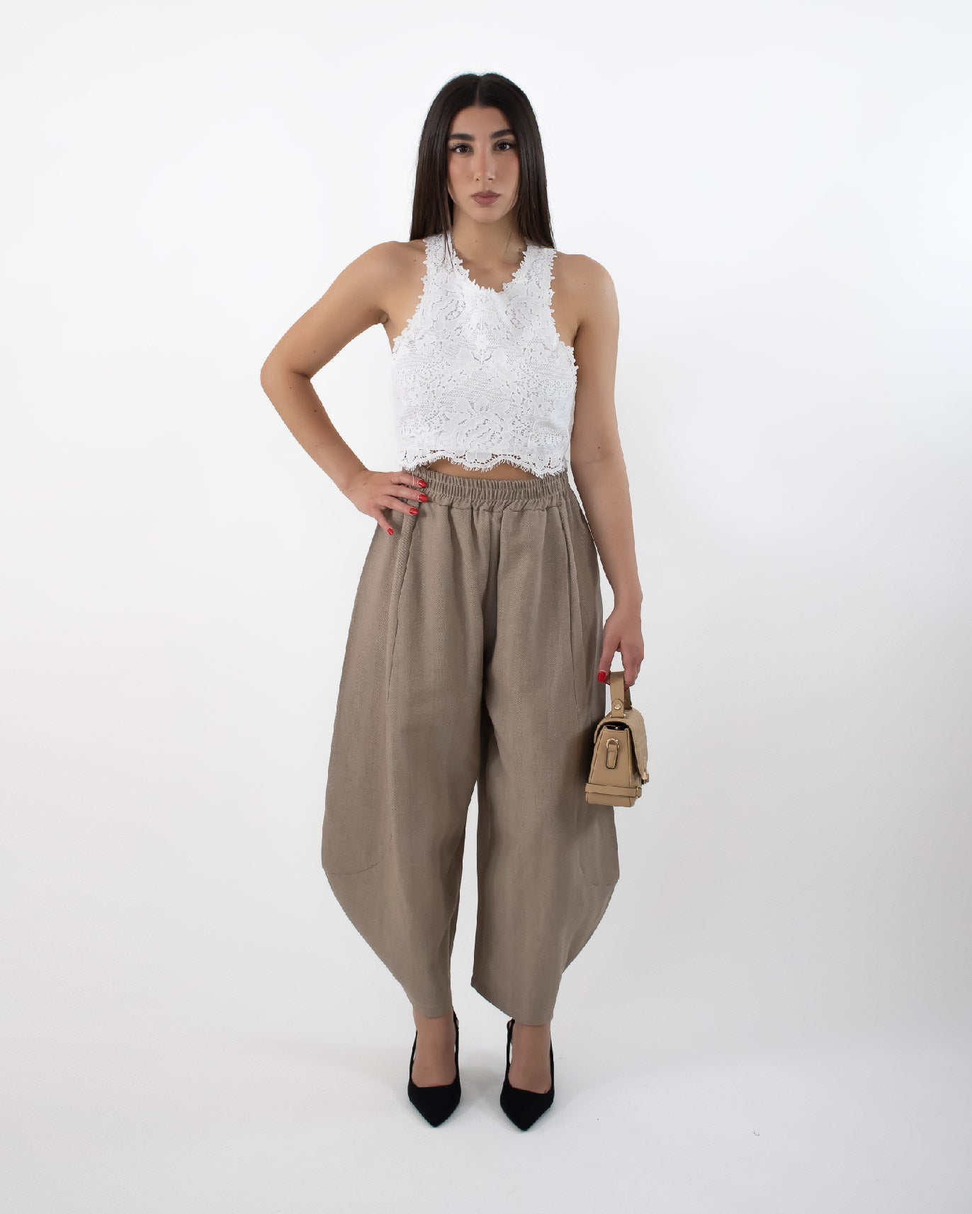 Pantalone Gamba Balloon Tessuto Tortora