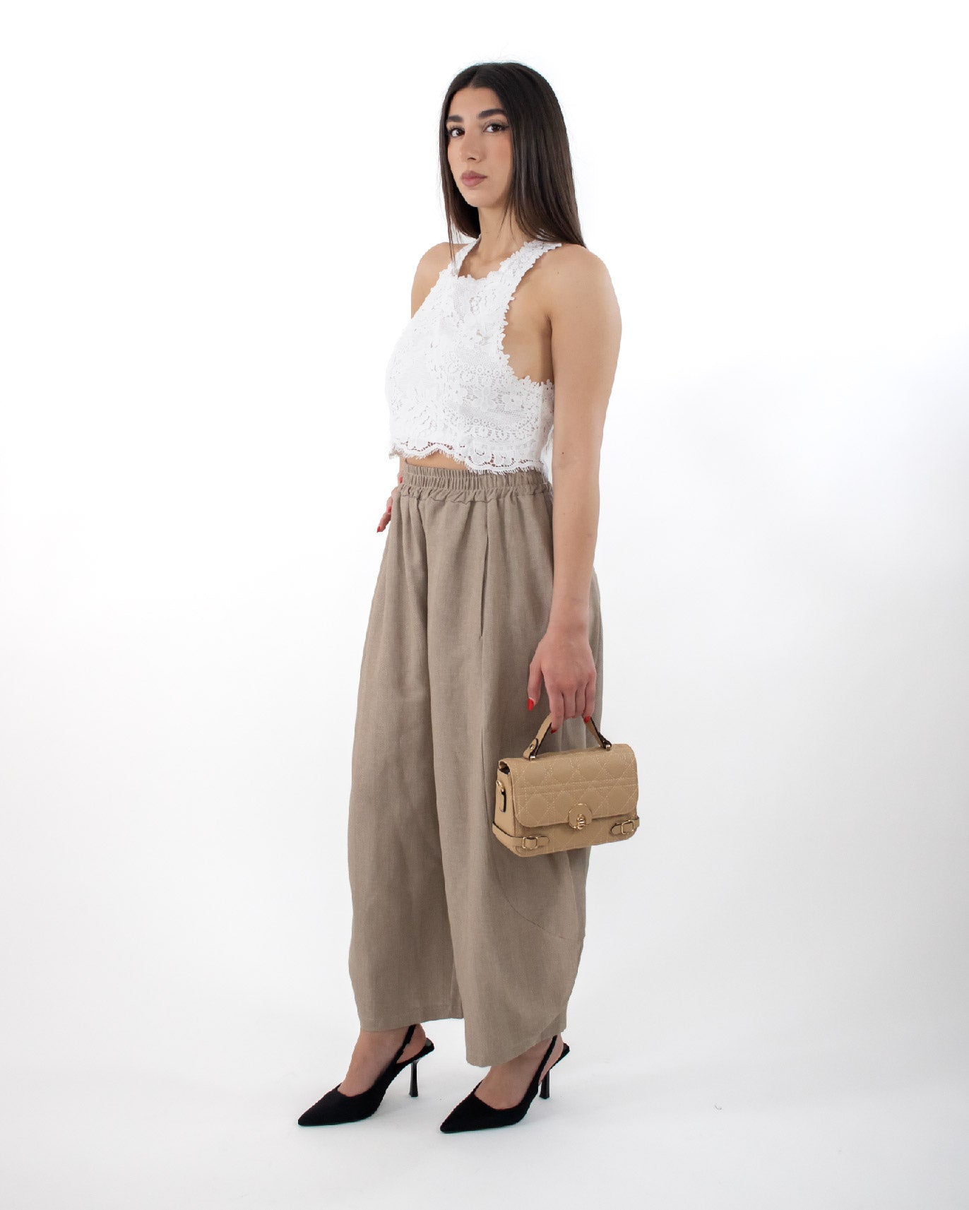 Pantalone Gamba Balloon Tessuto Tortora