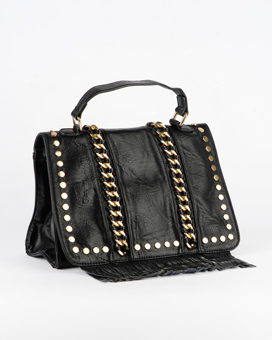 Borsa quadrata con borchie e frangie