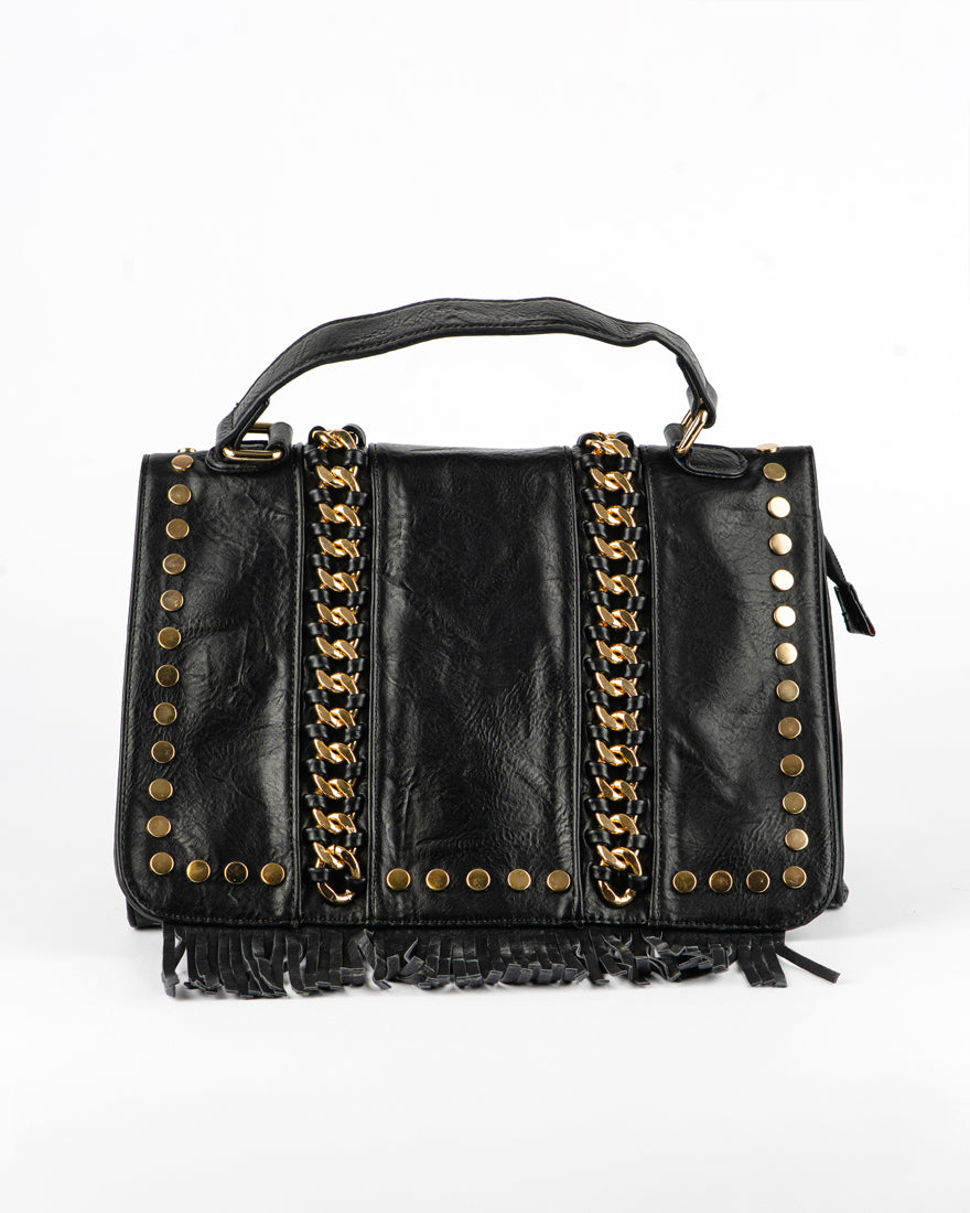 Borsa quadrata con borchie e frangie