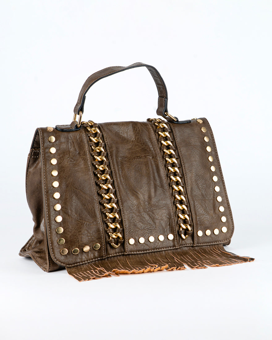 Borsa quadrata con borchie e frangie