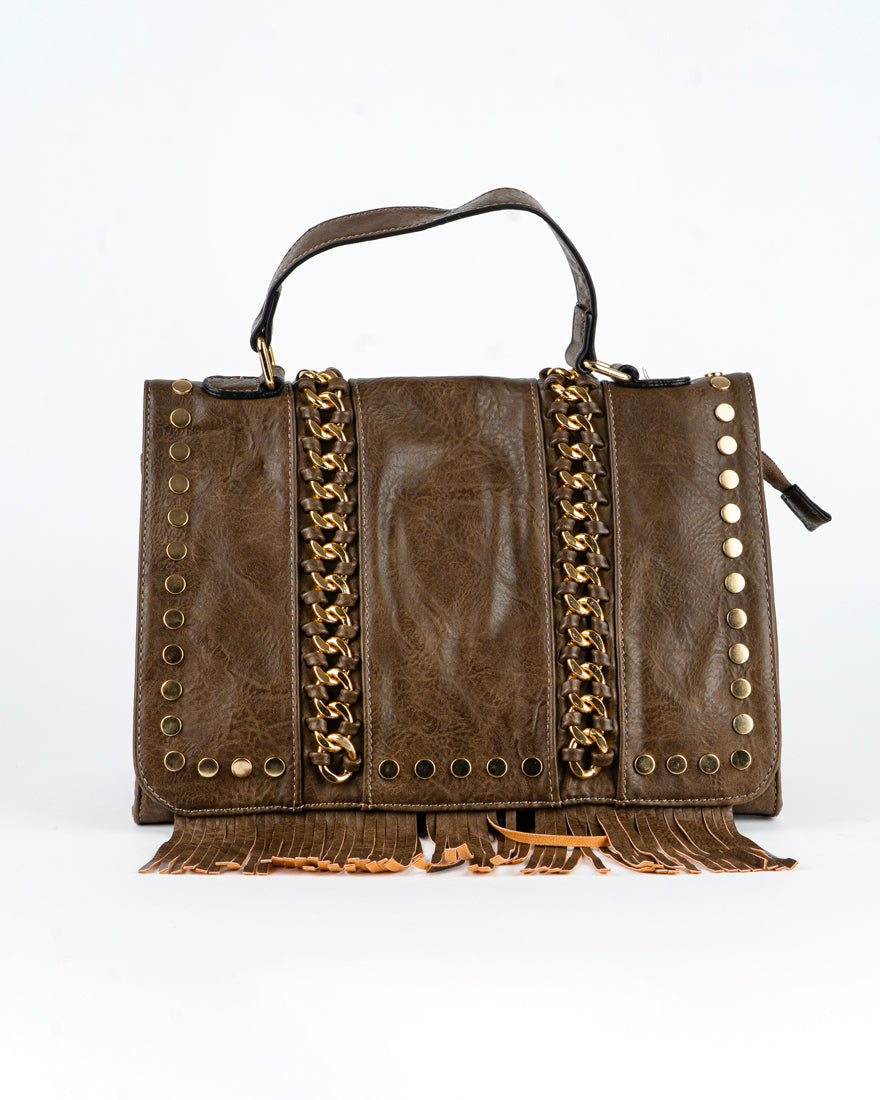 Borsa quadrata con borchie e frangie