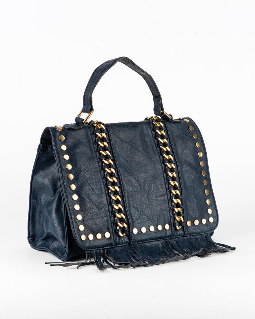 Borsa quadrata con borchie e frangie