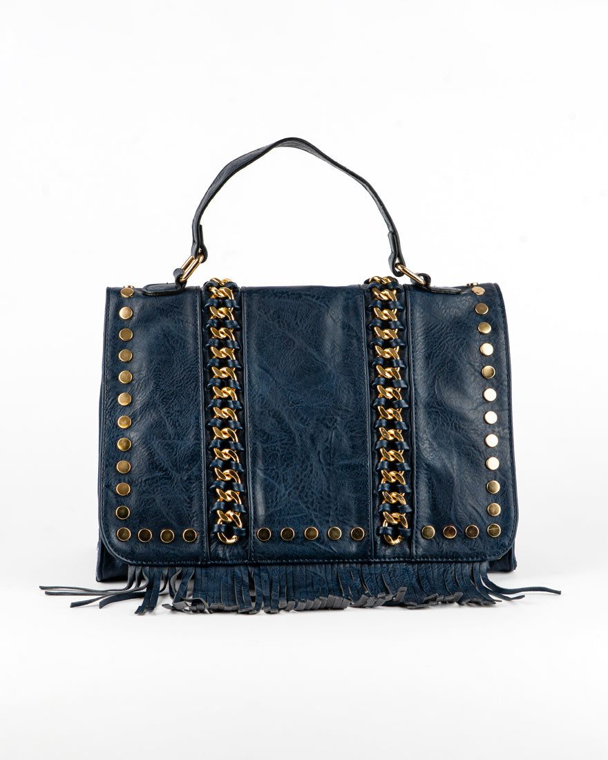 Borsa quadrata con borchie e frangie