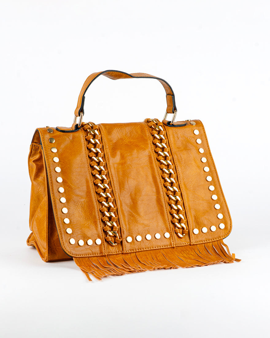 Borsa quadrata con borchie e frangie