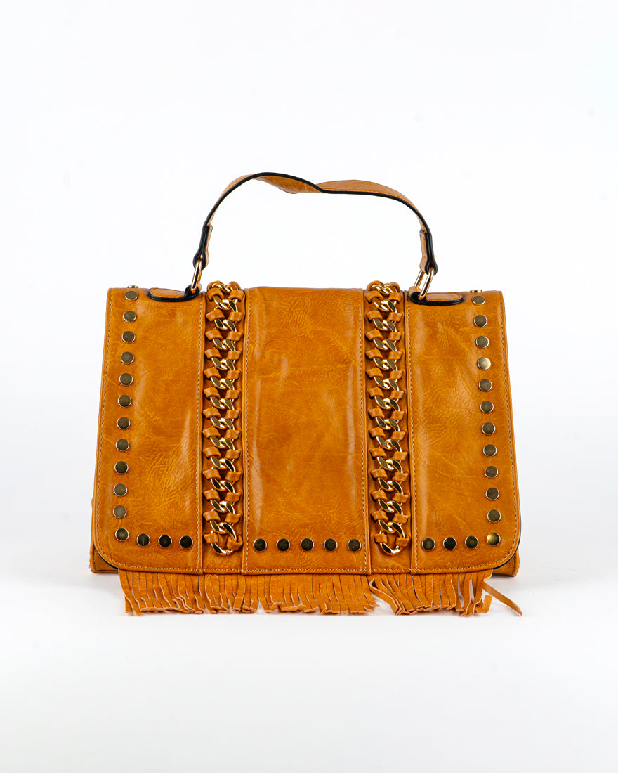 Borsa quadrata con borchie e frangie