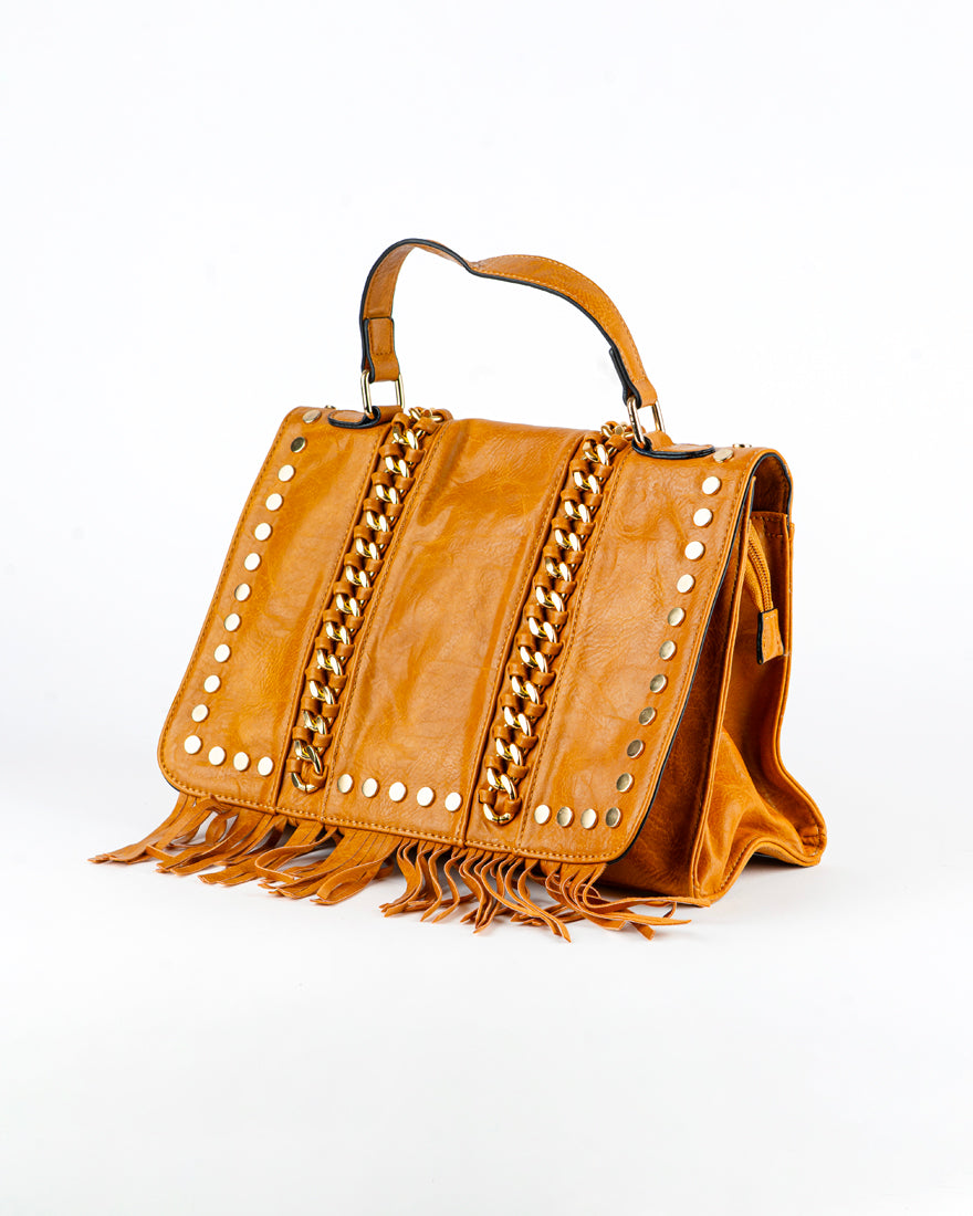 Borsa quadrata con borchie e frangie