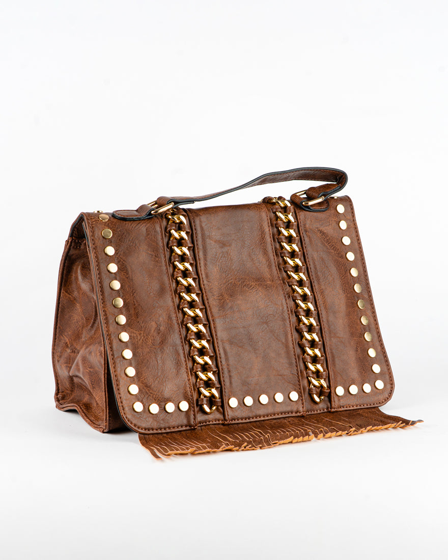 Borsa quadrata con borchie e frangie