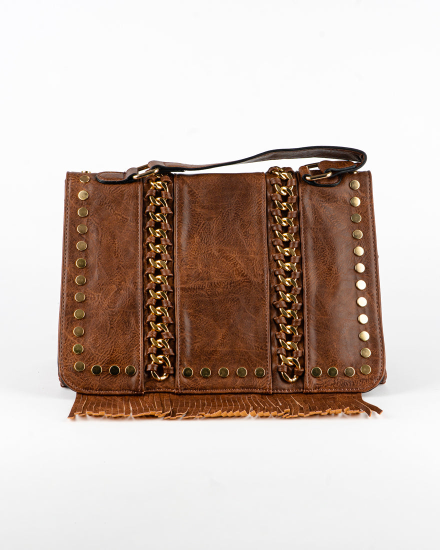 Borsa quadrata con borchie e frangie