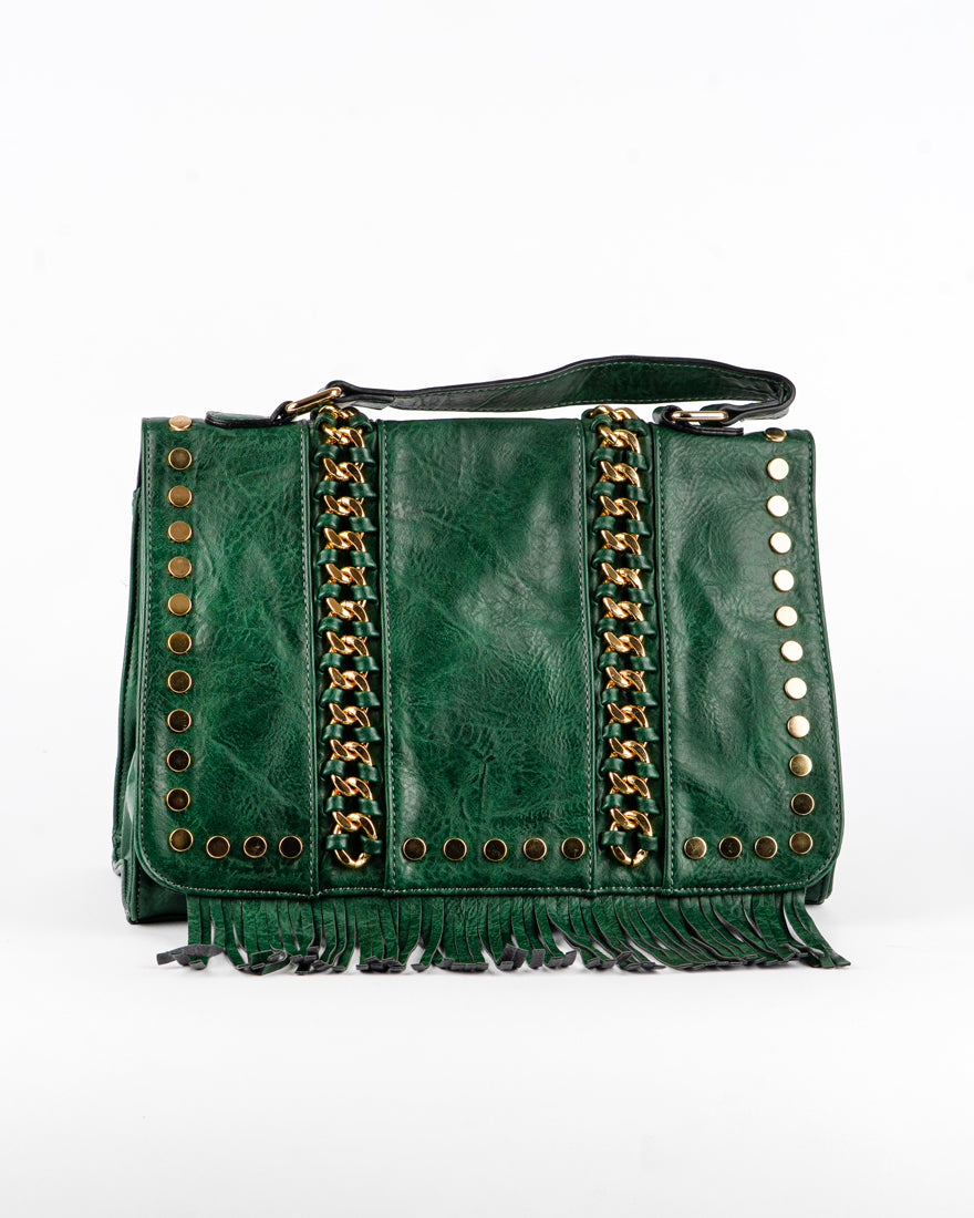 Borsa quadrata con borchie e frangie