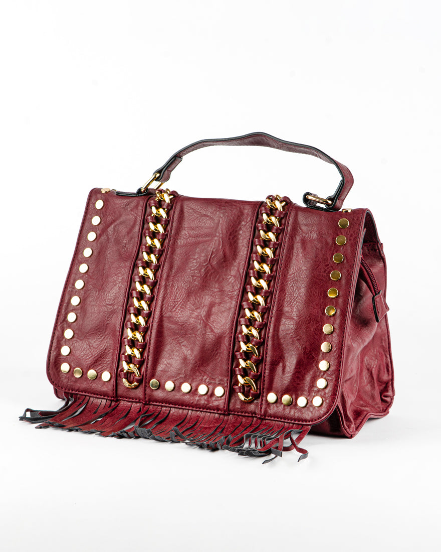 Borsa quadrata con borchie e frangie