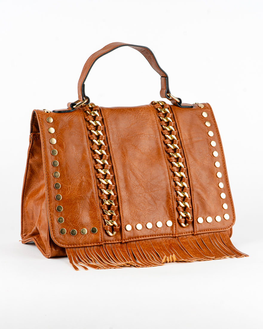 Borsa quadrata con borchie e frangie