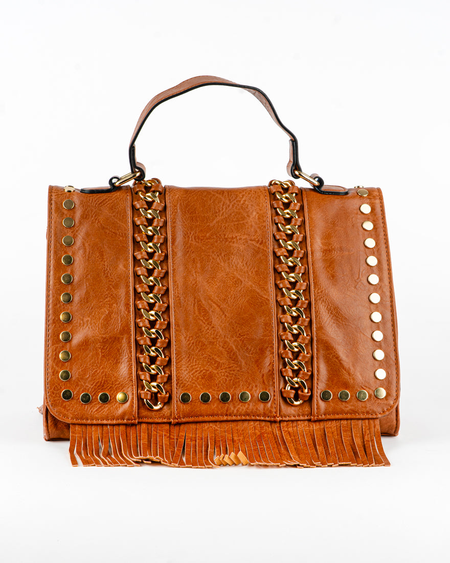 Borsa quadrata con borchie e frangie