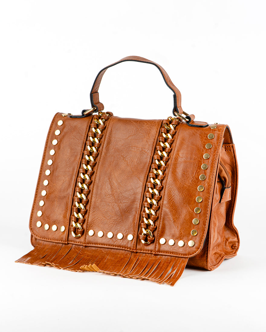 Borsa quadrata con borchie e frangie