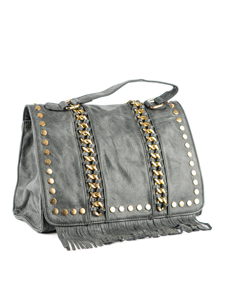 Borsa quadrata con borchie e frangie