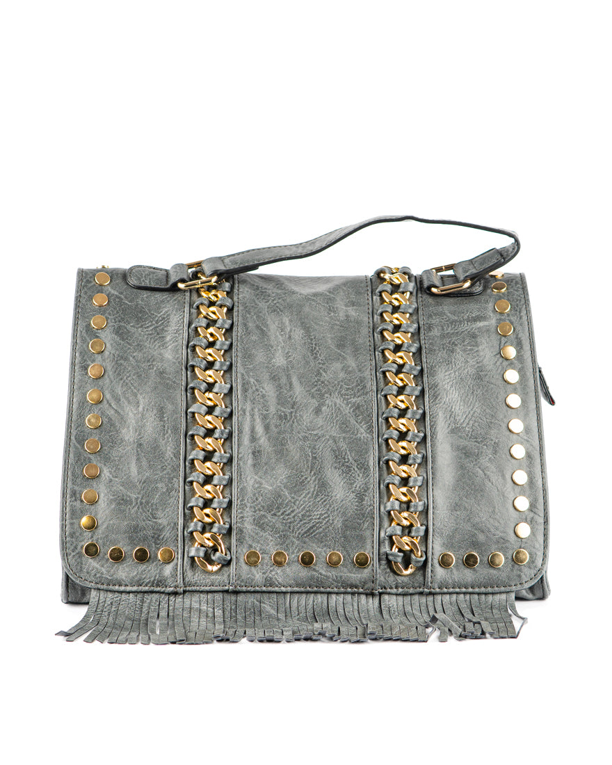 Borsa quadrata con borchie e frangie