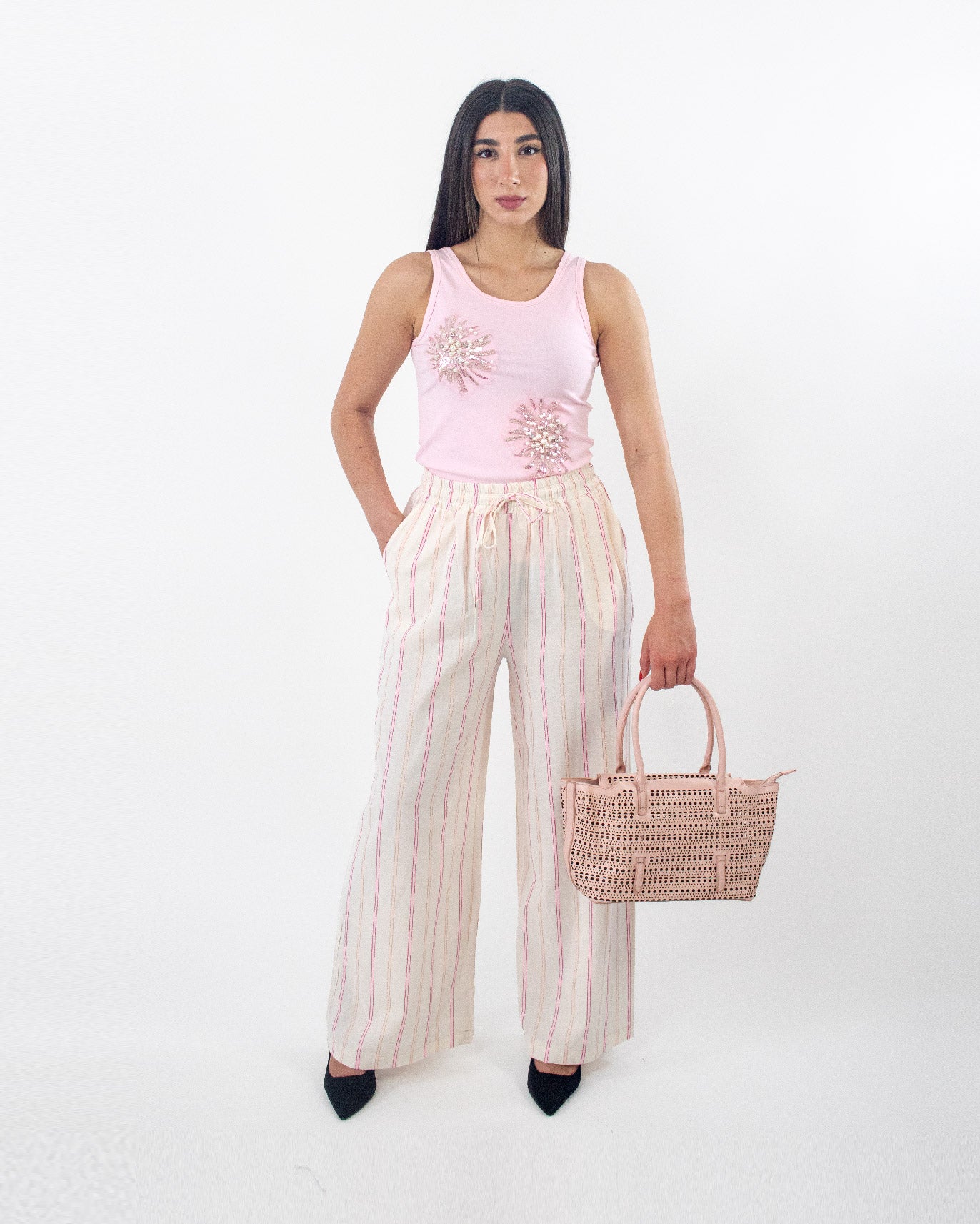 Pantalone Lungo Largo a Righe Rosa Panna