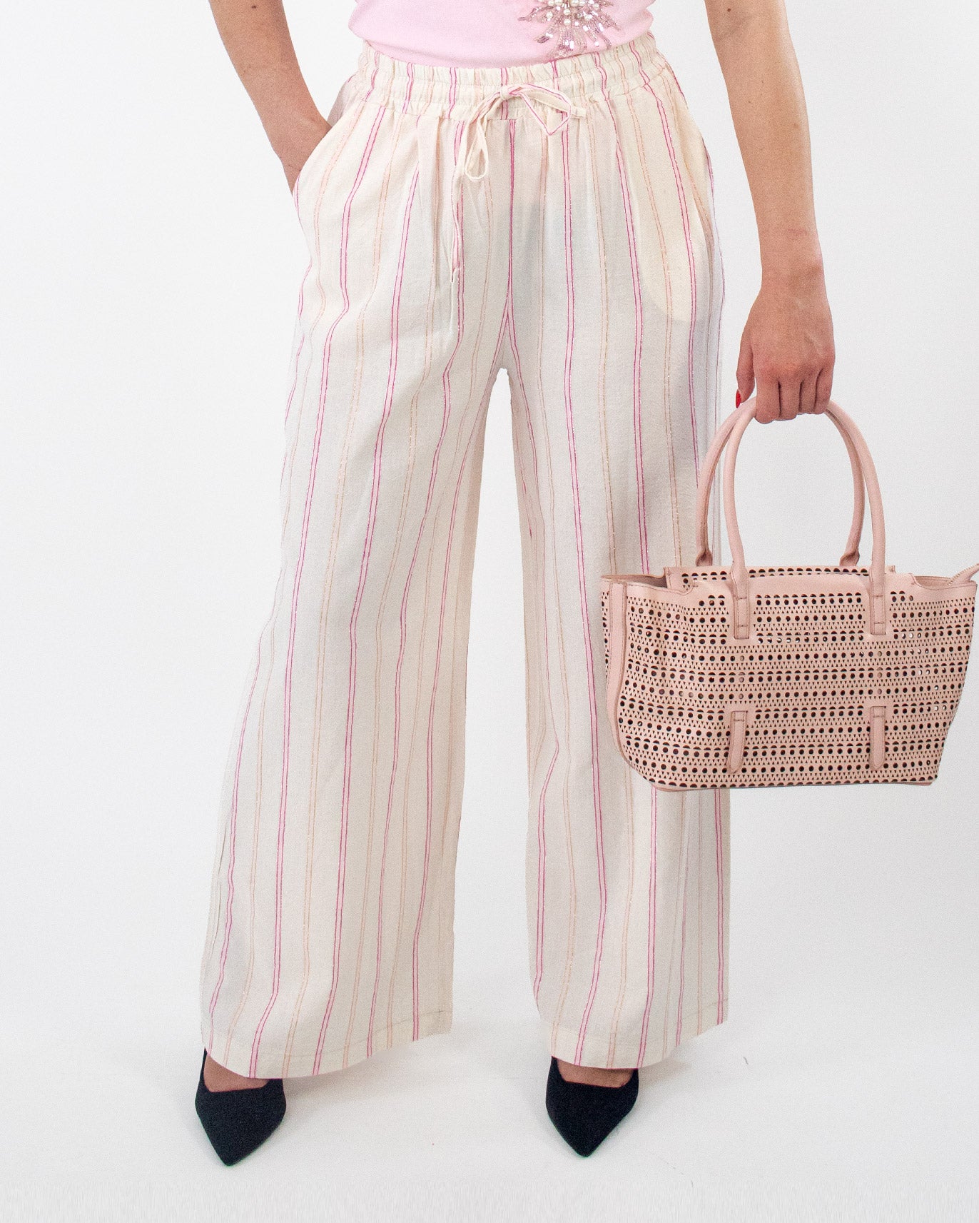 Pantalone Lungo Largo a Righe Rosa Panna | KRE98