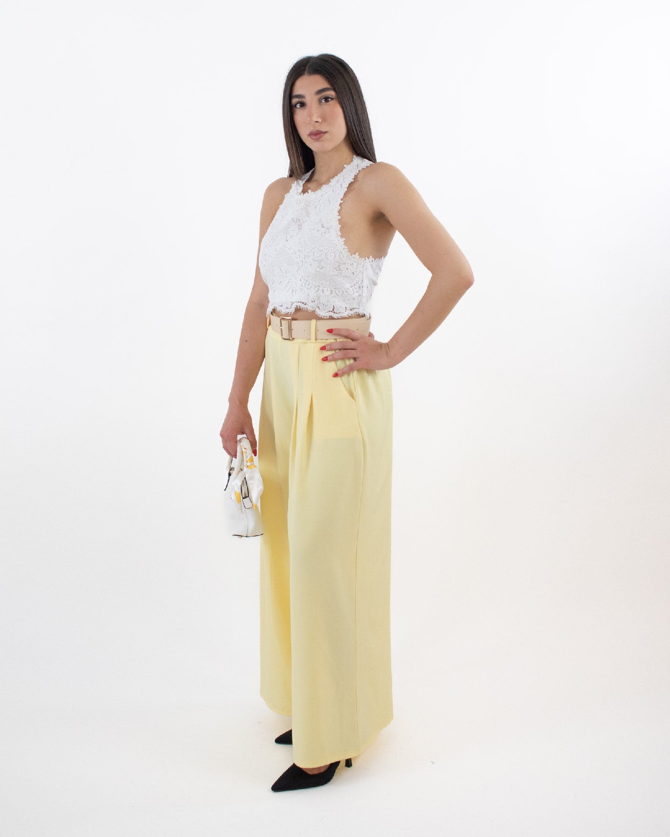 Top corto donna bianco con zip in macramè